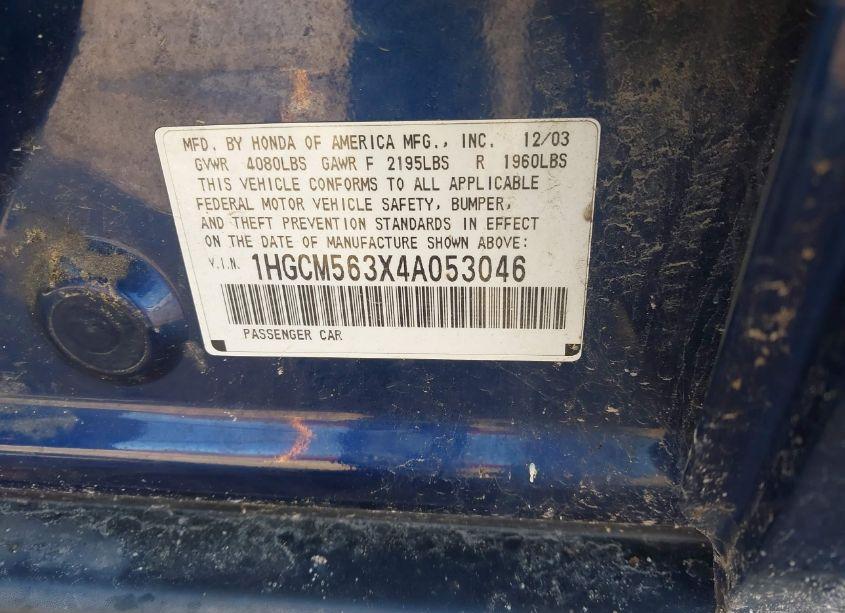 Photo 9 of 2004 Honda Accord SDN LX (VIN 1HGCM563X4A053046)