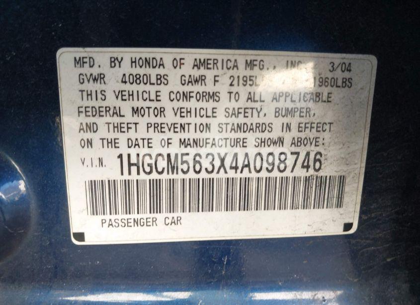 Photo 9 of 2004 Honda Accord 2.4 LX (VIN 1HGCM563X4A098746)