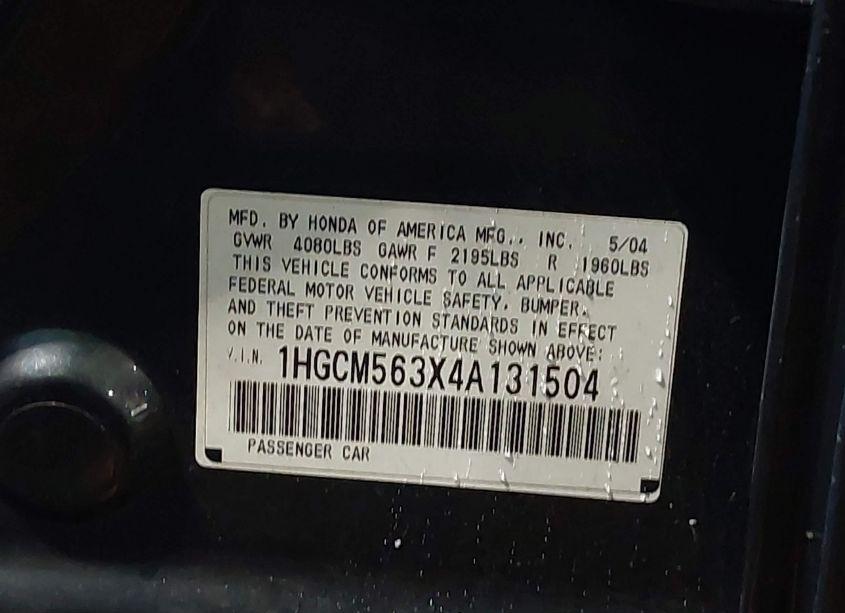Photo 9 of 2004 Honda Accord 2.4 LX (VIN 1HGCM563X4A131504)