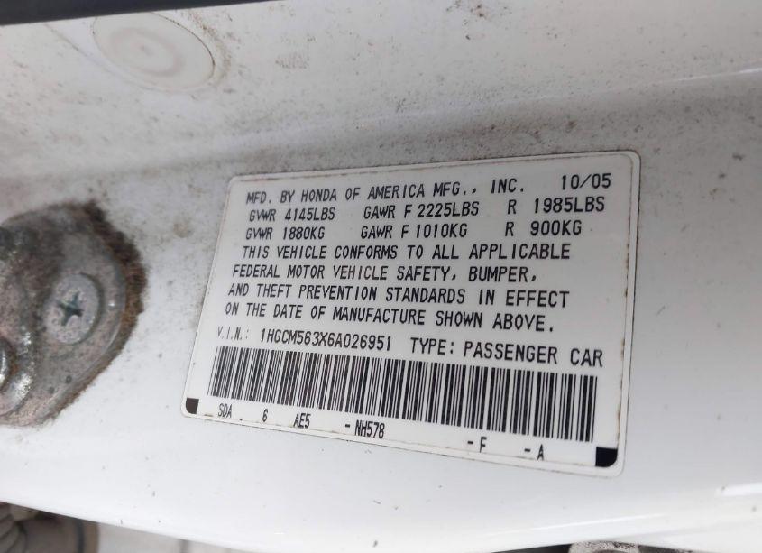 Photo 9 of 2006 Honda Accord 2.4 SE (VIN 1HGCM563X6A026951)