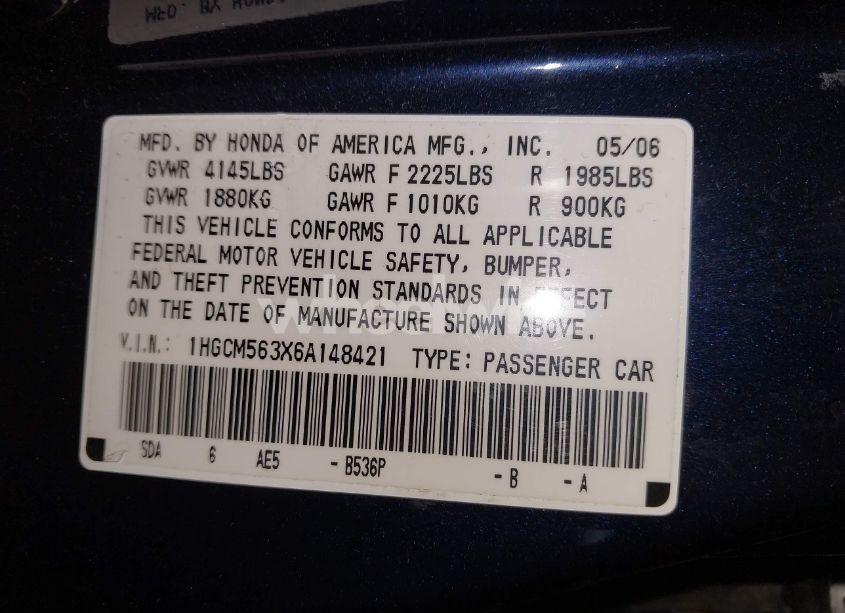 Photo 9 of 2006 Honda Accord 2.4 SE (VIN 1HGCM563X6A148421)
