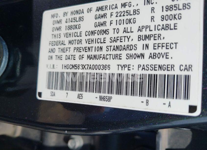 Photo 9 of 2007 Honda Accord 2.4 SE (VIN 1HGCM563X7A000366)