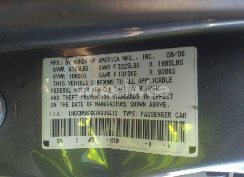 Photo 9 of 2007 Honda Accord 2.4 SE (VIN 1HGCM563X7A006412)