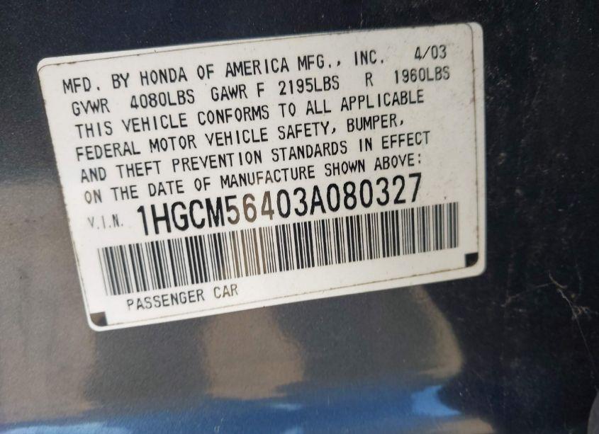 Photo 9 of 2003 Honda Accord 2.4 LX (VIN 1HGCM56403A080327)