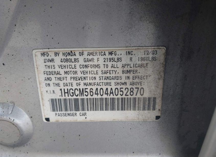 Photo 9 of 2004 Honda Accord 2.4 LX (VIN 1HGCM56404A052870)