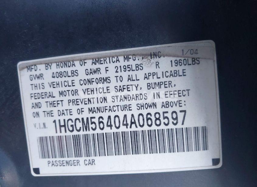 Photo 9 of 2004 Honda Accord 2.4 LX (VIN 1HGCM56404A068597)