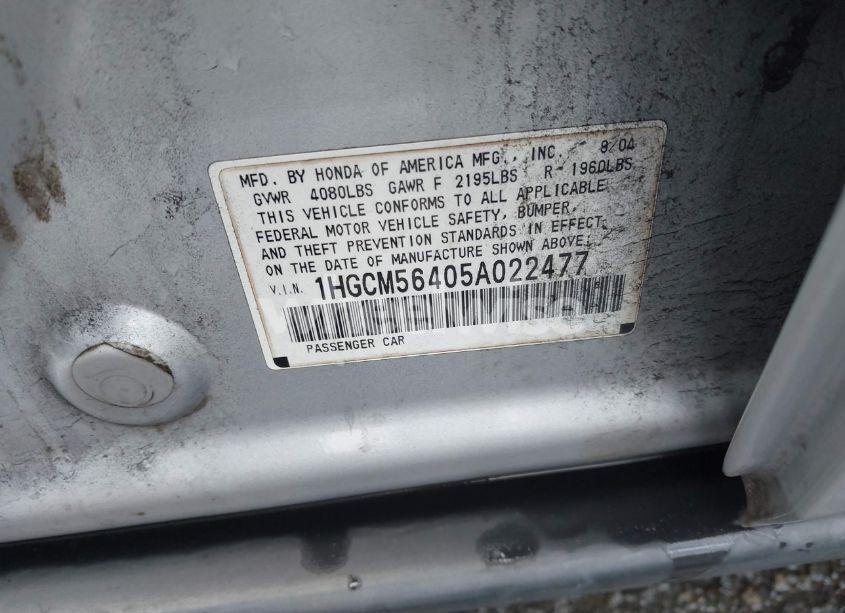 Photo 9 of 2005 Honda Accord 2.4 LX (VIN 1HGCM56405A022477)