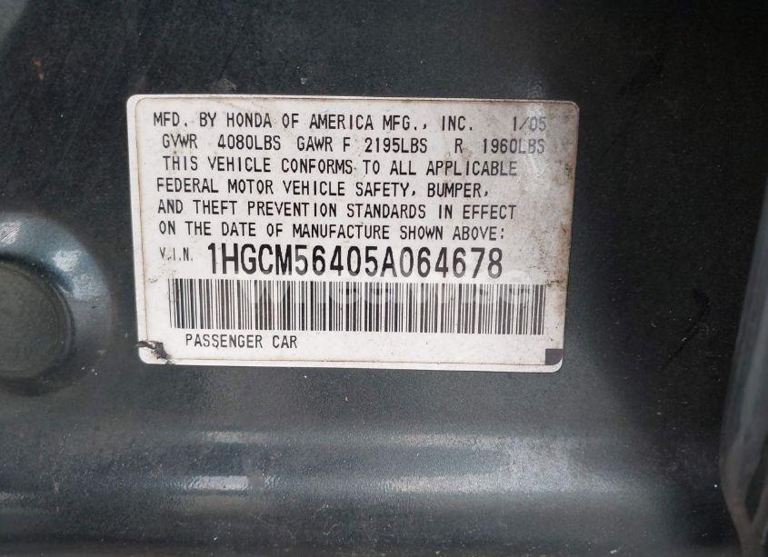 Photo 9 of 2005 Honda Accord 2.4 LX (VIN 1HGCM56405A064678)