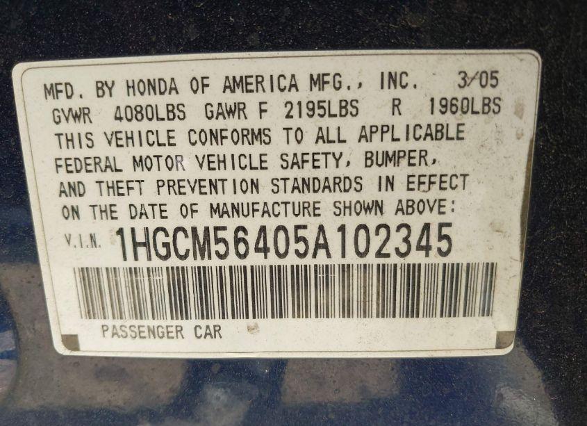 Photo 9 of 2005 Honda Accord 2.4 LX (VIN 1HGCM56405A102345)