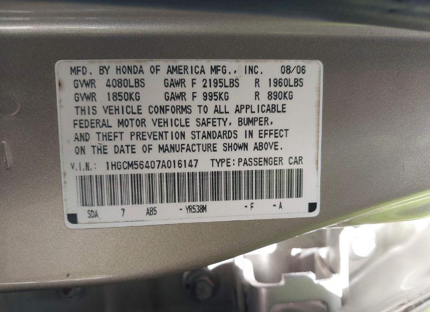 Photo 9 of 2007 Honda Accord 2.4 LX (VIN 1HGCM56407A016147)