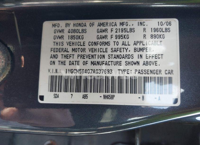 Photo 9 of 2007 Honda Accord 2.4 LX (VIN 1HGCM56407A037693)