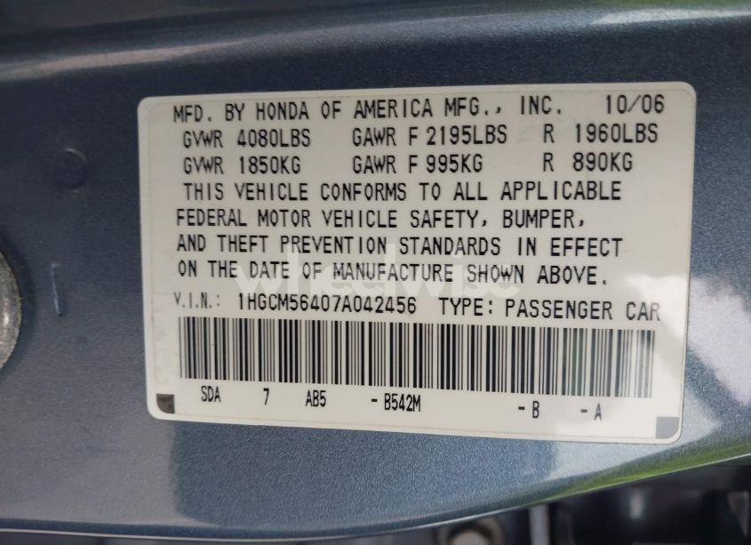 Photo 9 of 2007 Honda Accord 2.4 LX (VIN 1HGCM56407A042456)