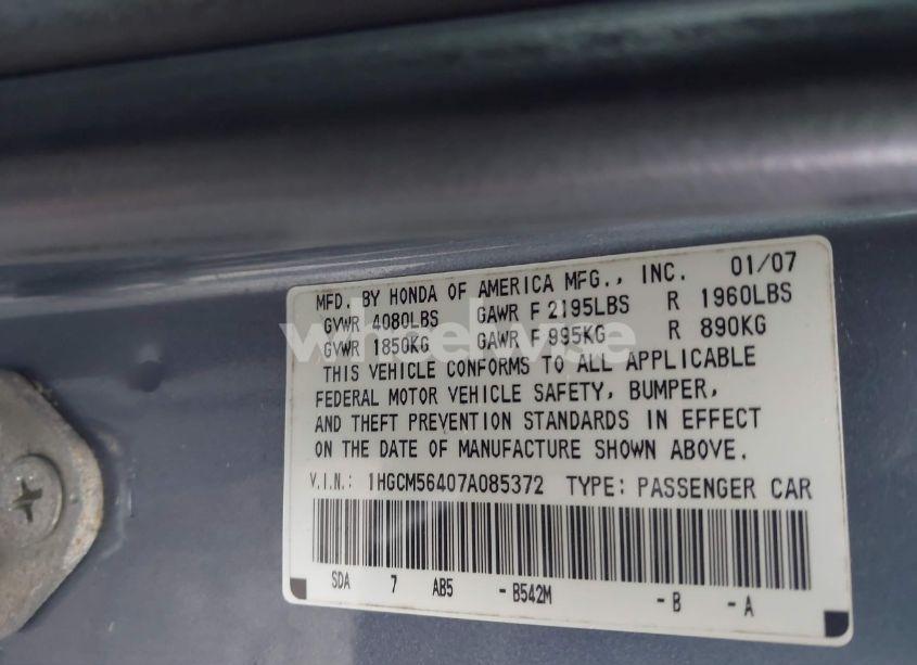Photo 9 of 2007 Honda Accord 2.4 LX (VIN 1HGCM56407A085372)