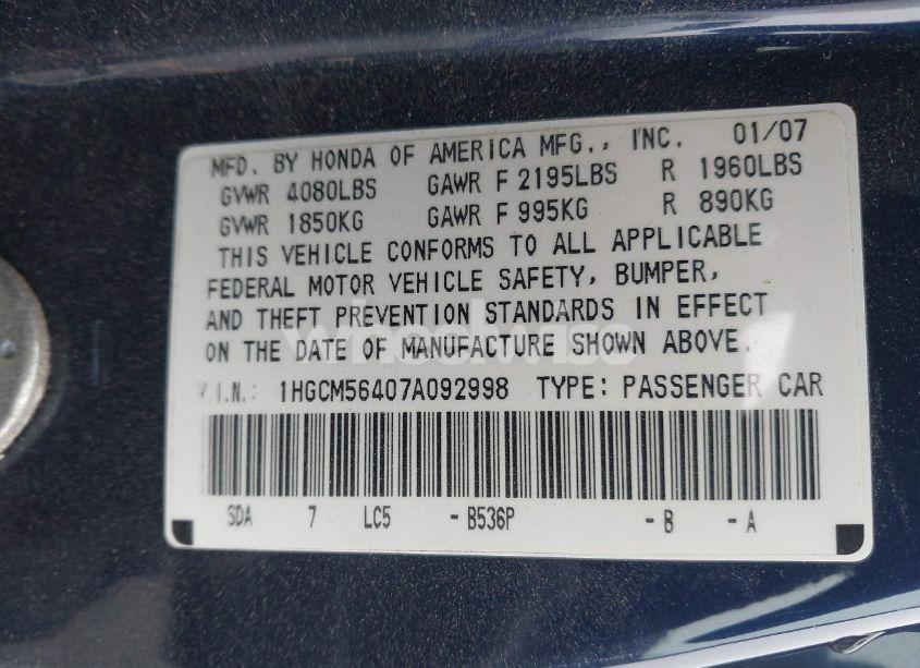 Photo 9 of 2007 Honda Accord 2.4 LX (VIN 1HGCM56407A092998)
