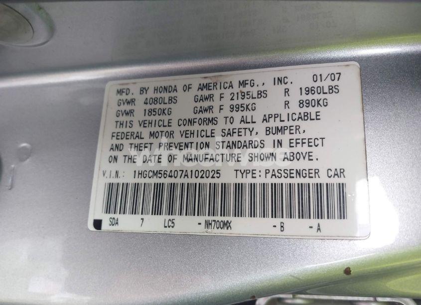 Photo 9 of 2007 Honda Accord 2.4 LX (VIN 1HGCM56407A102025)
