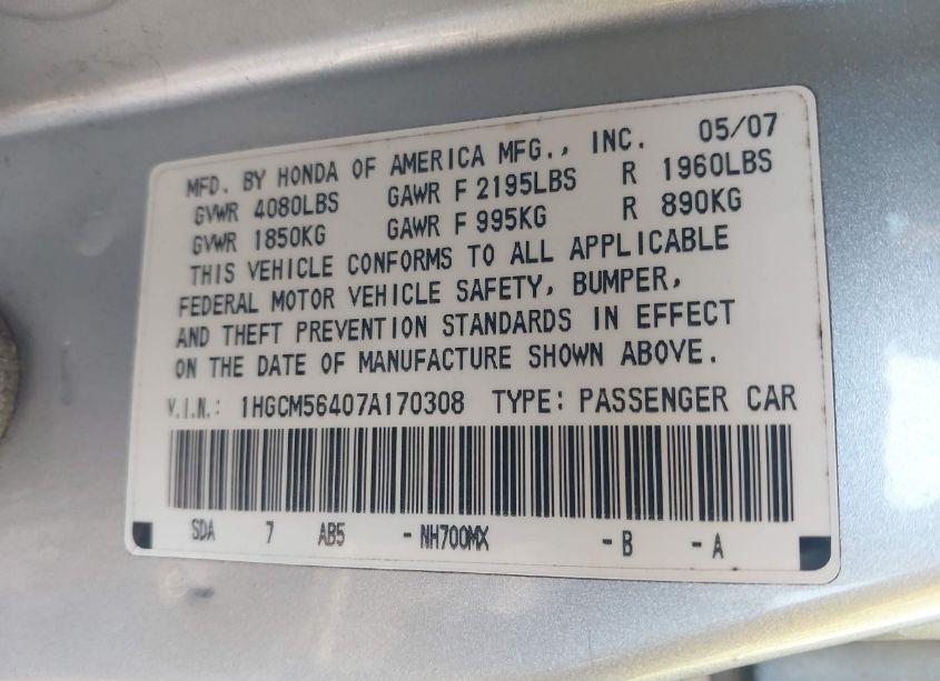 Photo 9 of 2007 Honda Accord 2.4 LX (VIN 1HGCM56407A170308)
