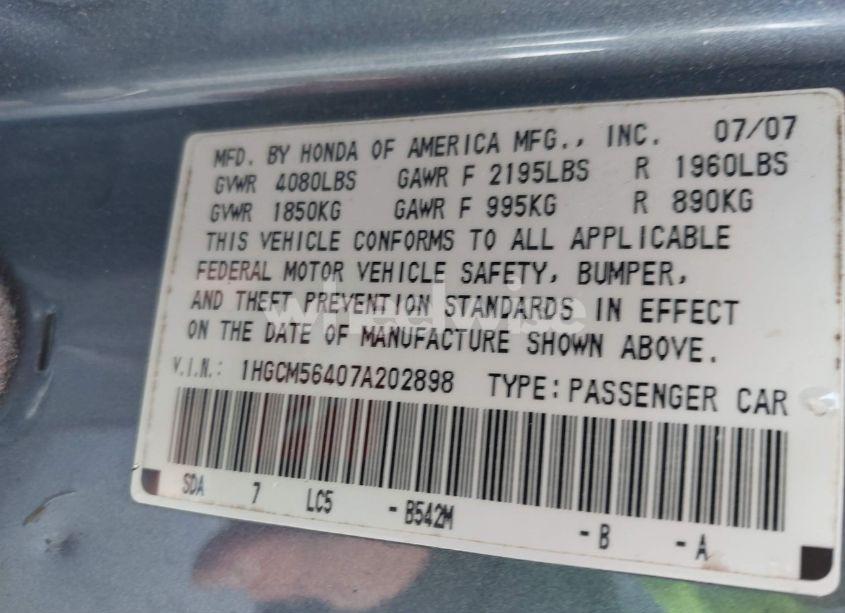 Photo 9 of 2007 Honda Accord 2.4 LX (VIN 1HGCM56407A202898)