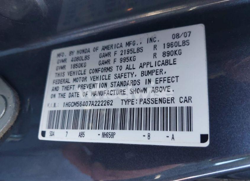 Photo 9 of 2007 Honda Accord 2.4 LX (VIN 1HGCM56407A222262)