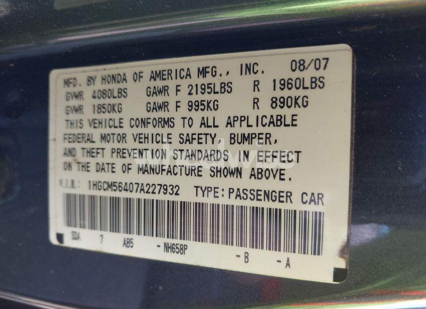 Photo 9 of 2007 Honda Accord 2.4 LX (VIN 1HGCM56407A227932)