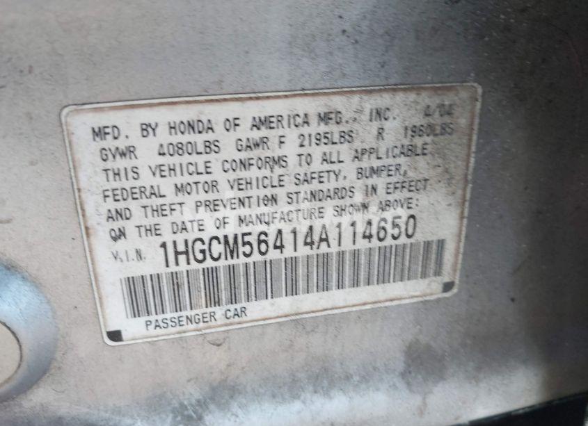 Photo 9 of 2004 Honda Accord 2.4 LX (VIN 1HGCM56414A114650)