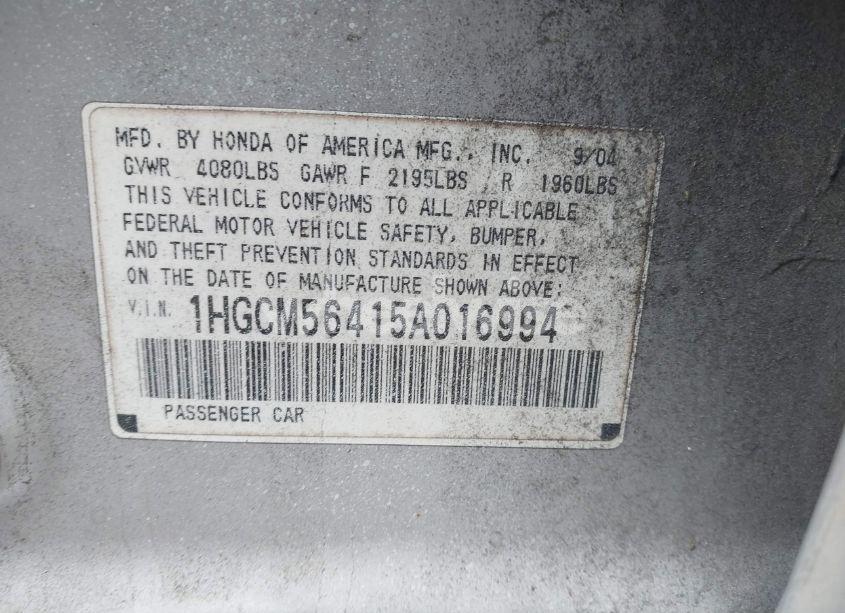 Photo 9 of 2005 Honda Accord 2.4 LX (VIN 1HGCM56415A016994)
