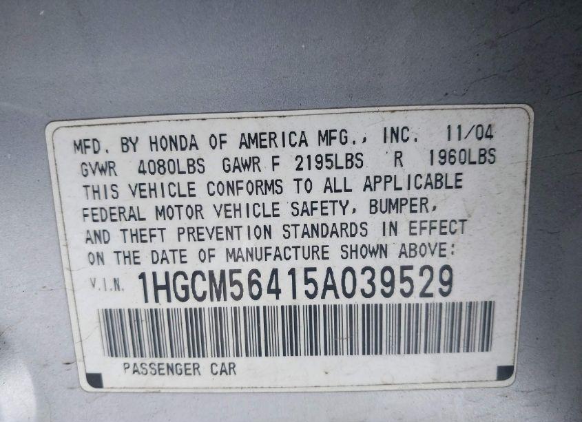 Photo 9 of 2005 Honda Accord 2.4 LX (VIN 1HGCM56415A039529)