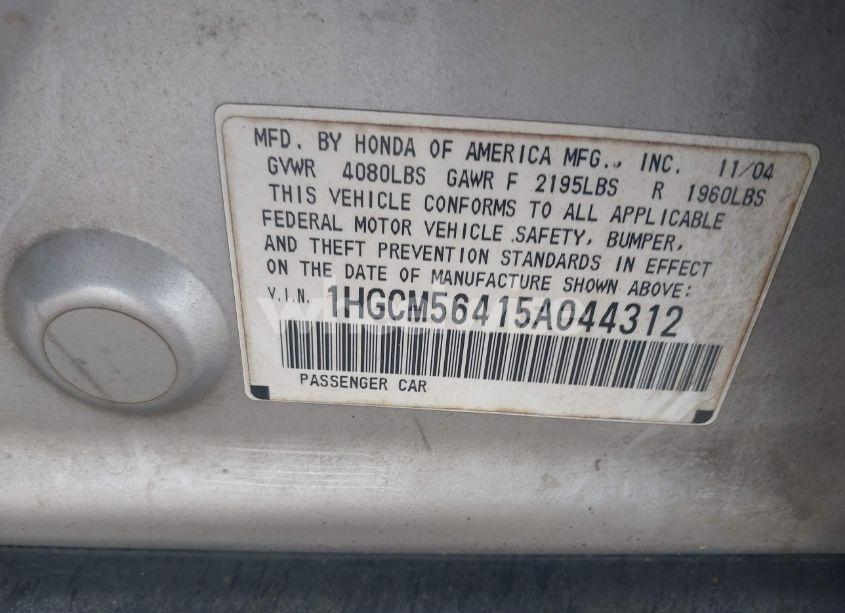 Photo 9 of 2005 Honda Accord 2.4 LX (VIN 1HGCM56415A044312)