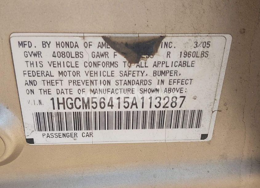 Photo 9 of 2005 Honda Accord 2.4 LX (VIN 1HGCM56415A113287)