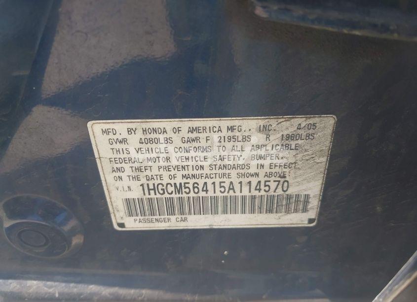 Photo 9 of 2005 Honda Accord 2.4 LX (VIN 1HGCM56415A114570)