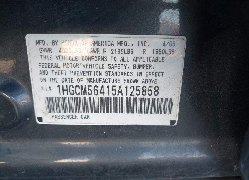 Photo 9 of 2005 Honda Accord SDN (VIN 1HGCM56415A125858)