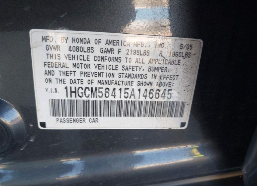 Photo 9 of 2005 Honda Accord 2.4 LX (VIN 1HGCM56415A146645)