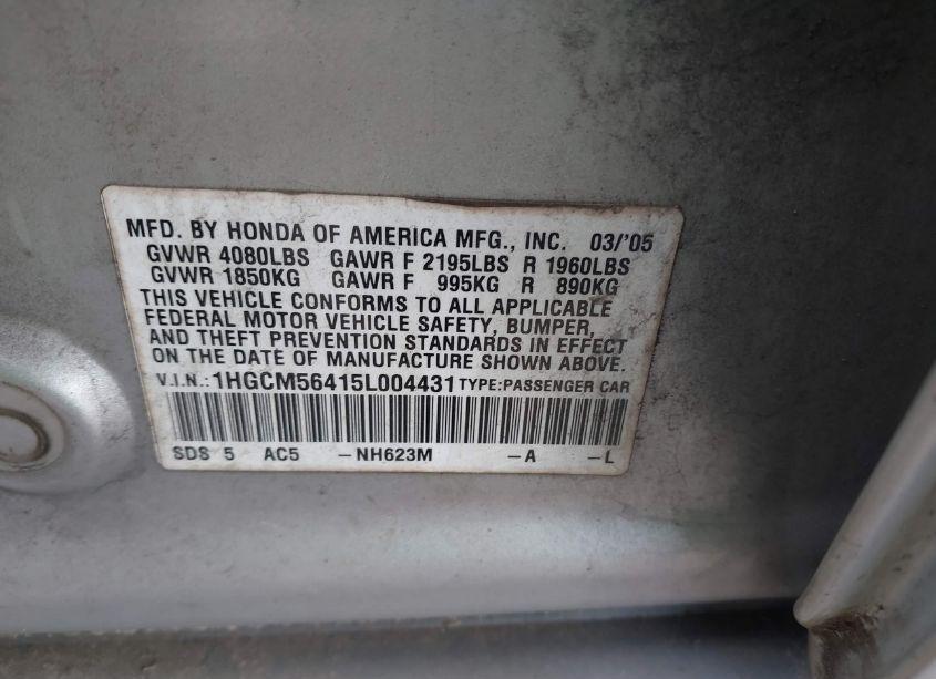 Photo 9 of 2005 Honda Accord 2.4 LX (VIN 1HGCM56415L004431)