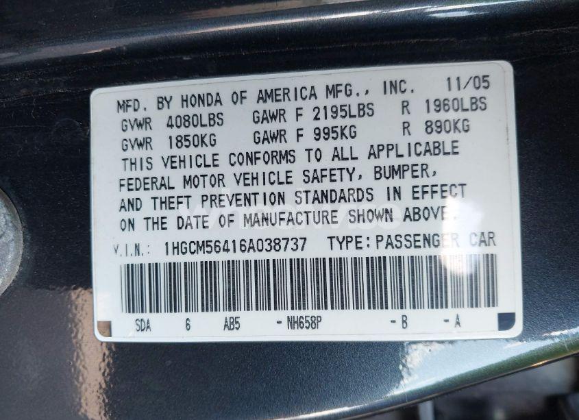 Photo 9 of 2006 Honda Accord 2.4 LX (VIN 1HGCM56416A038737)