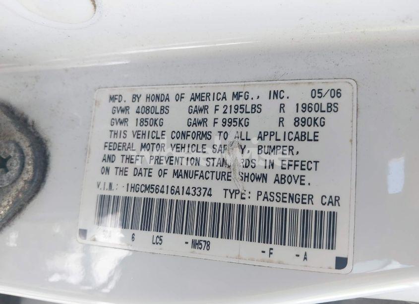 Photo 9 of 2006 Honda Accord 2.4 LX (VIN 1HGCM56416A143374)