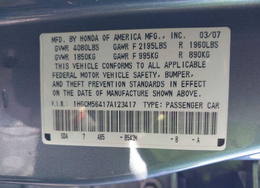 Photo 9 of 2007 Honda Accord 2.4 LX (VIN 1HGCM56417A123417)