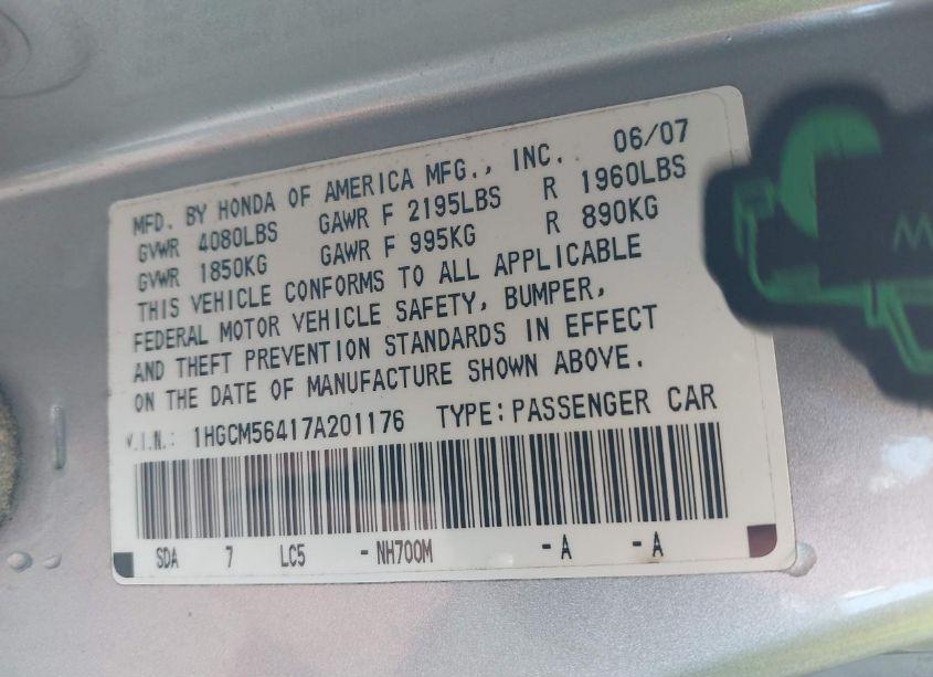 Photo 9 of 2007 Honda Accord 2.4 LX (VIN 1HGCM56417A201176)