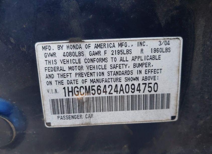 Photo 9 of 2004 Honda Accord SDN LX (VIN 1HGCM56424A094750)