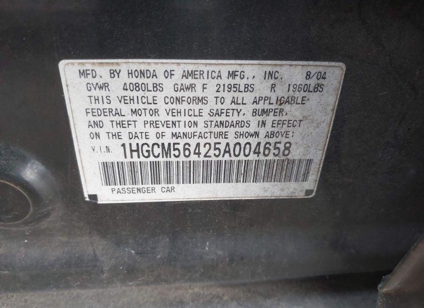 Photo 9 of 2005 Honda Accord 2.4 LX (VIN 1HGCM56425A004658)