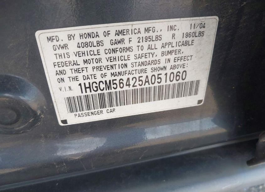 Photo 9 of 2005 Honda Accord 2.4 LX (VIN 1HGCM56425A051060)