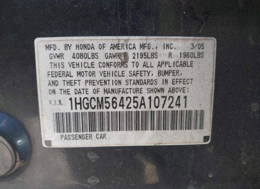 Photo 9 of 2005 Honda Accord 2.4 LX (VIN 1HGCM56425A107241)