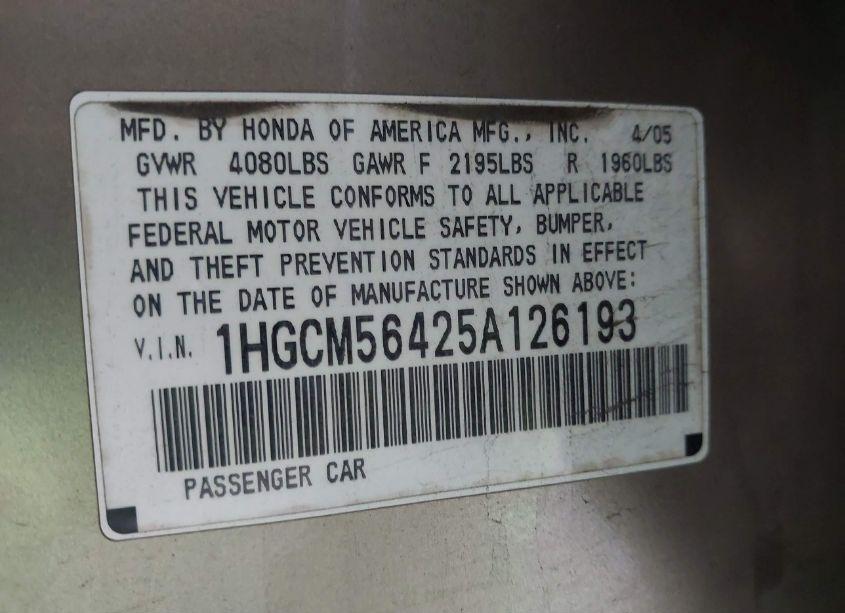 Photo 9 of 2005 Honda Accord 2.4 LX (VIN 1HGCM56425A126193)