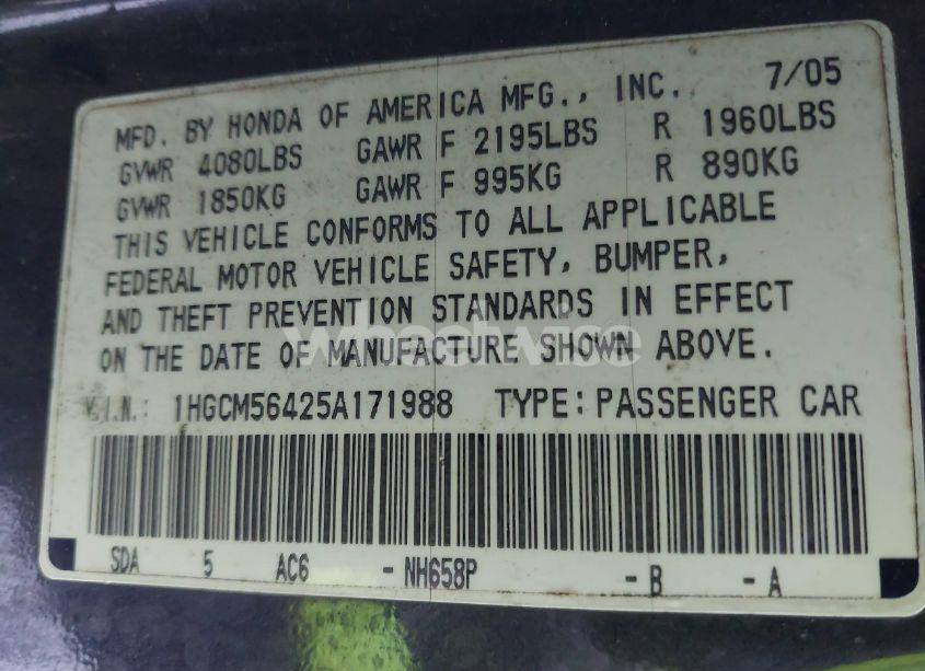 Photo 9 of 2005 Honda Accord 2.4 LX (VIN 1HGCM56425A171988)