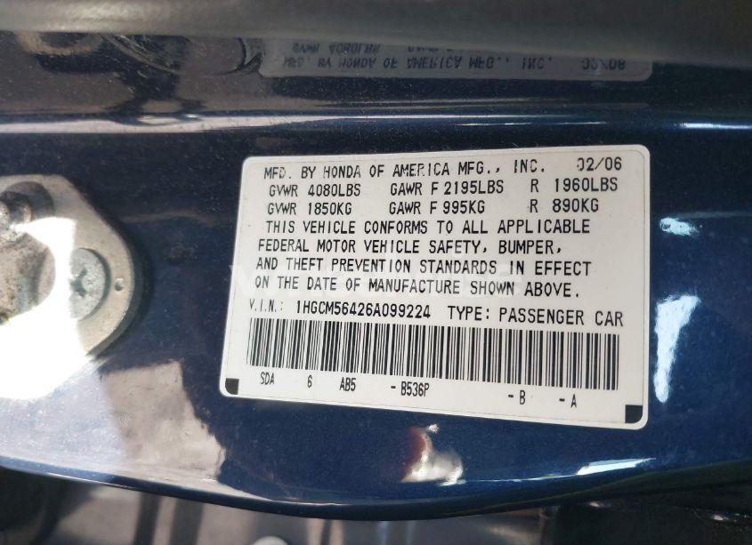 Photo 9 of 2006 Honda Accord 2.4 LX (VIN 1HGCM56426A099224)