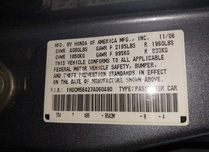Photo 9 of 2007 Honda Accord 2.4 LX (VIN 1HGCM56427A060490)
