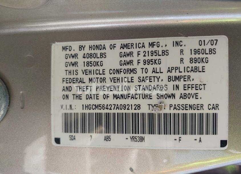 Photo 9 of 2007 Honda Accord 2.4 LX (VIN 1HGCM56427A092128)