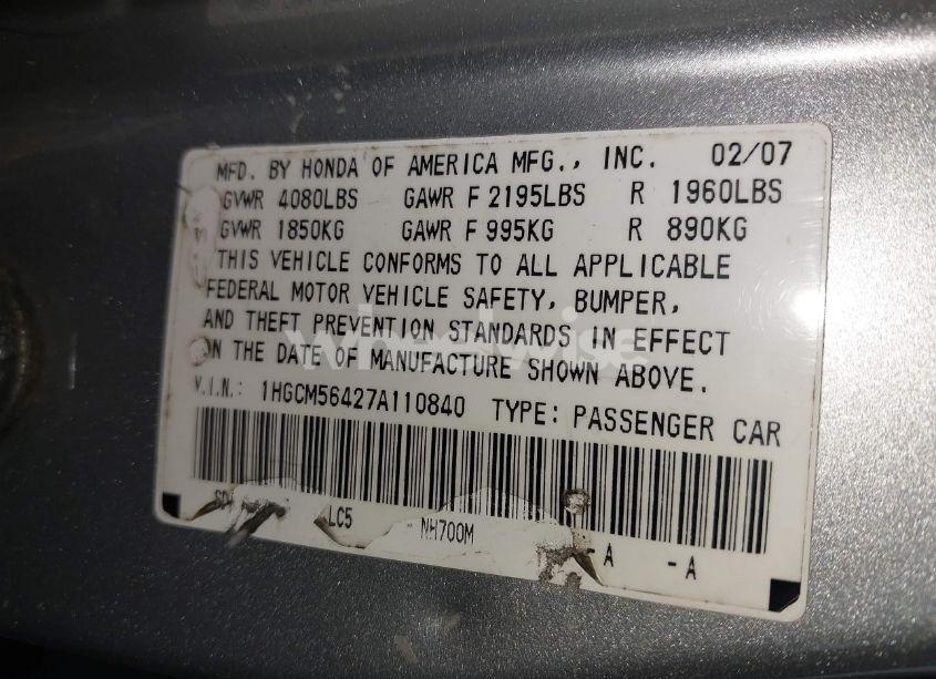 Photo 9 of 2007 Honda Accord 2.4 LX (VIN 1HGCM56427A110840)