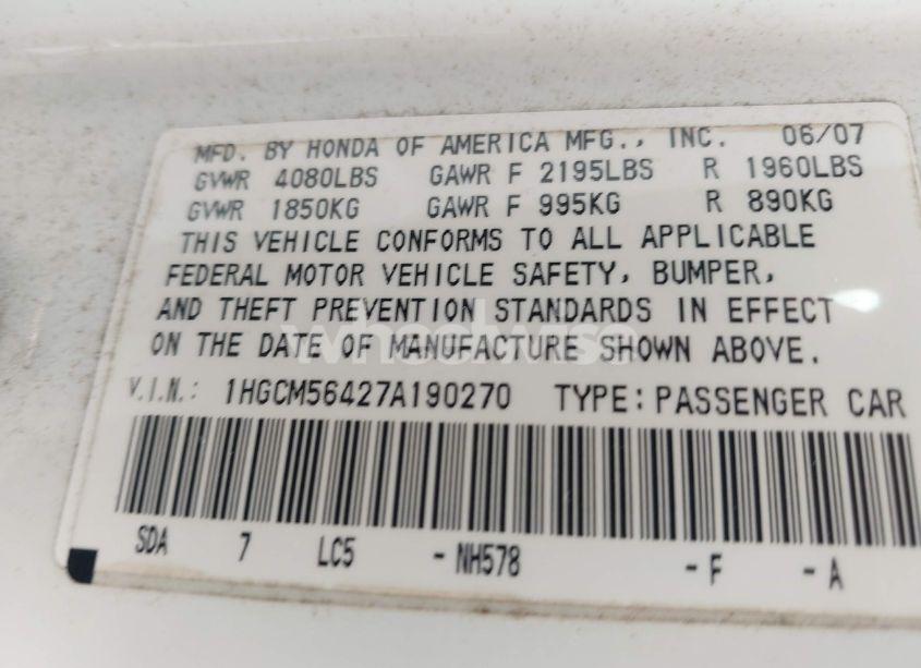 Photo 9 of 2007 Honda Accord 2.4 LX (VIN 1HGCM56427A190270)