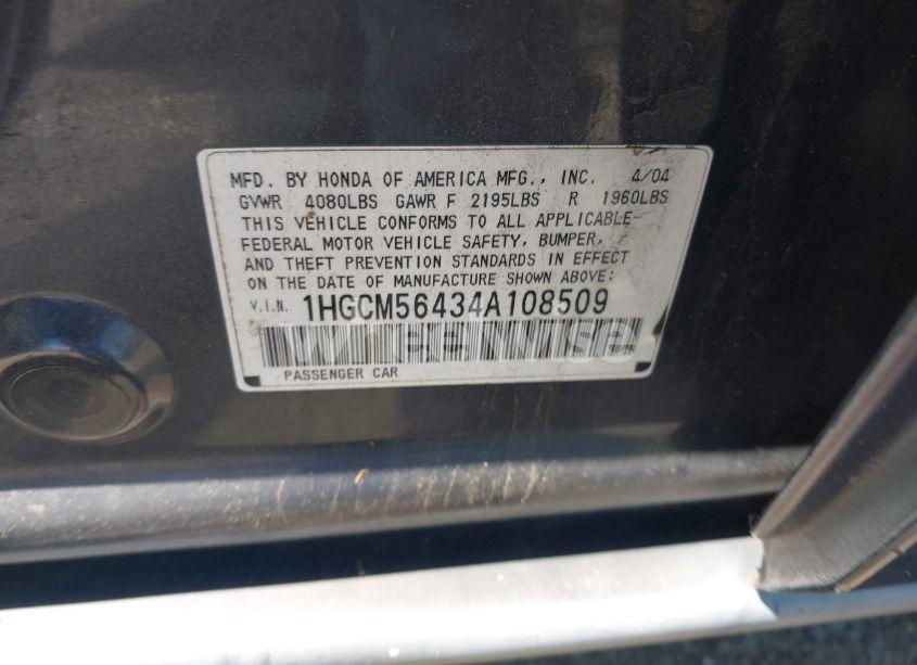 Photo 9 of 2004 Honda Accord 2.4 LX (VIN 1HGCM56434A108509)