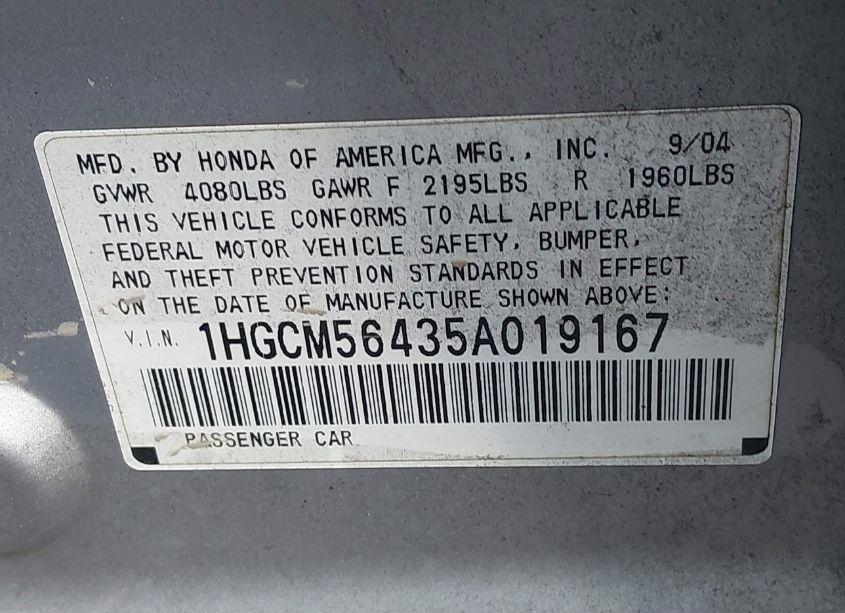 Photo 9 of 2005 Honda Accord 2.4 LX (VIN 1HGCM56435A019167)