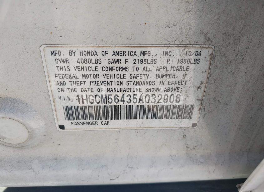 Photo 9 of 2005 Honda Accord 2.4 LX (VIN 1HGCM56435A032906)